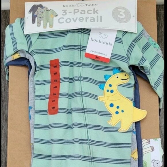 NWT 🦖🦕 Koala Baby 3-pack infant Coverall 9 Mos Dinosaur Patterns Blue Striped - Picture 1 of 7